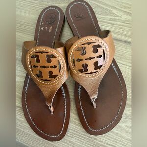 Tory Burch Cognac Brown Leather Logo Thong Sandals